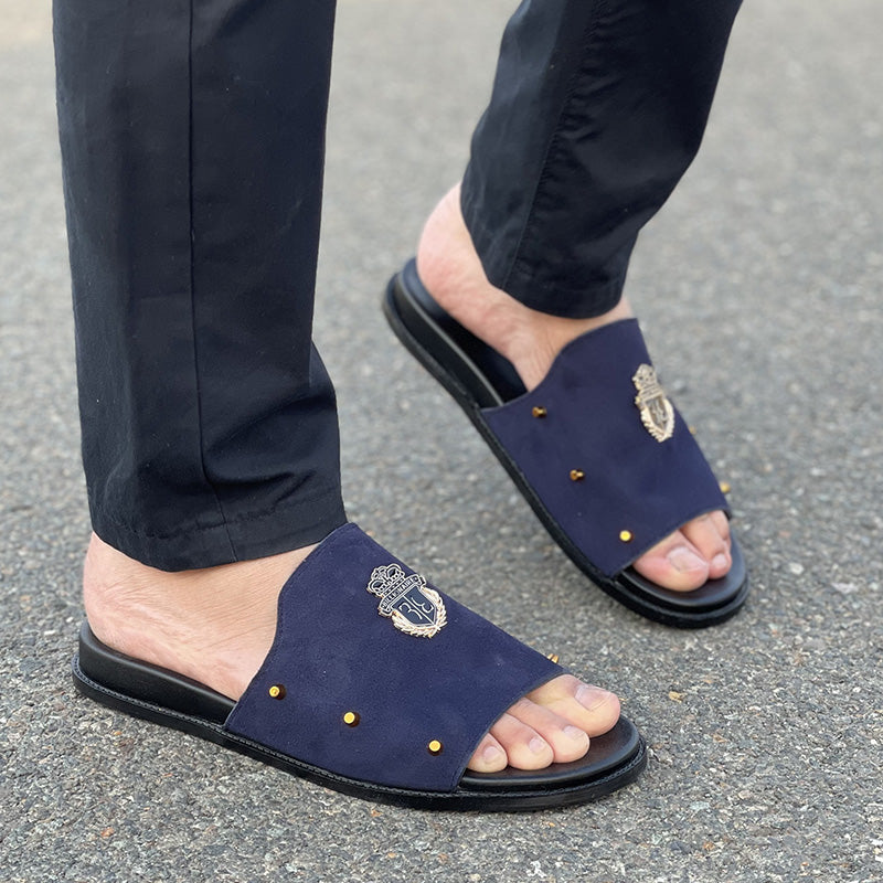 Hand made PU Sole Leather Suede Chappal SS-2353 Blue