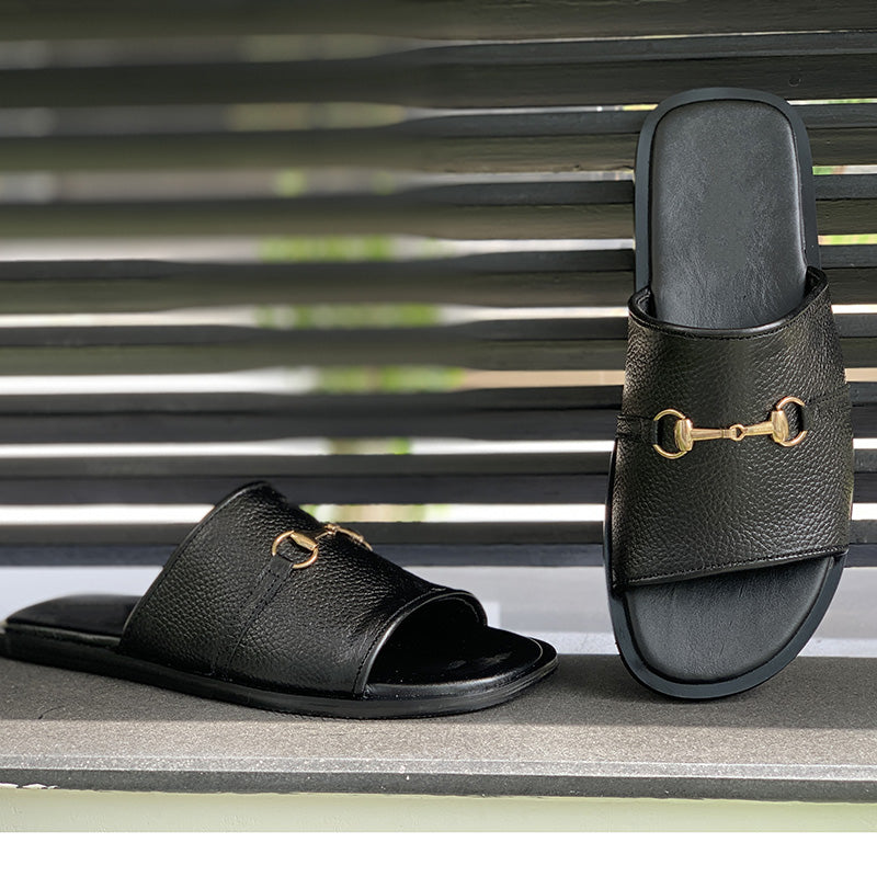 The Black Buckle Leather Chappal SS-2079