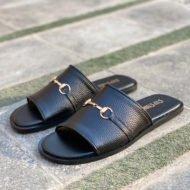 The Black Buckle Leather Chappal New