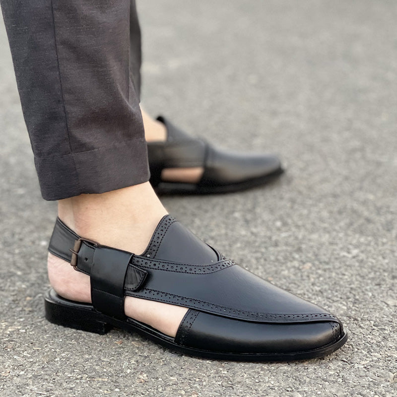 Hand Stitched Pure Leather Kaptaan Kheri SS-174 Black