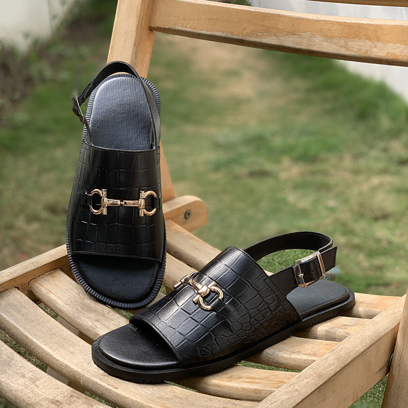 Hand made Black Textured Leather Sandal SS-2331