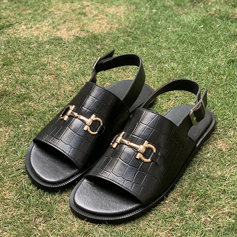 Hand made Black Textured Leather Sandal SS-2331