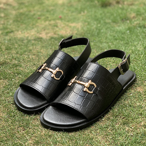 Hand made Black Textured Leather Sandal SS-2331