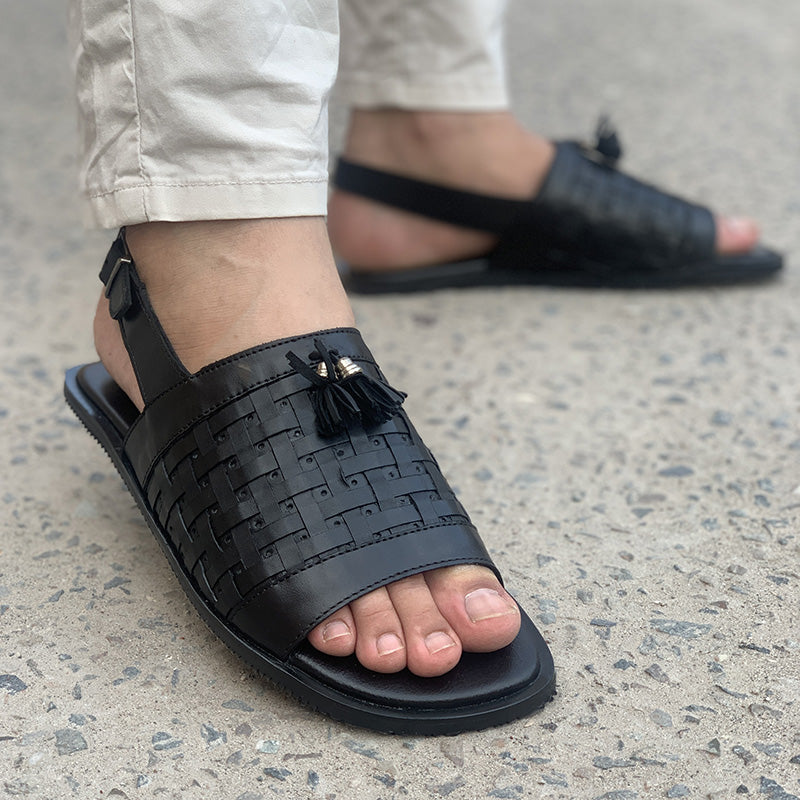 Hand Stitch Pure Black Leather Woven Tussle Sandal New Arrivals