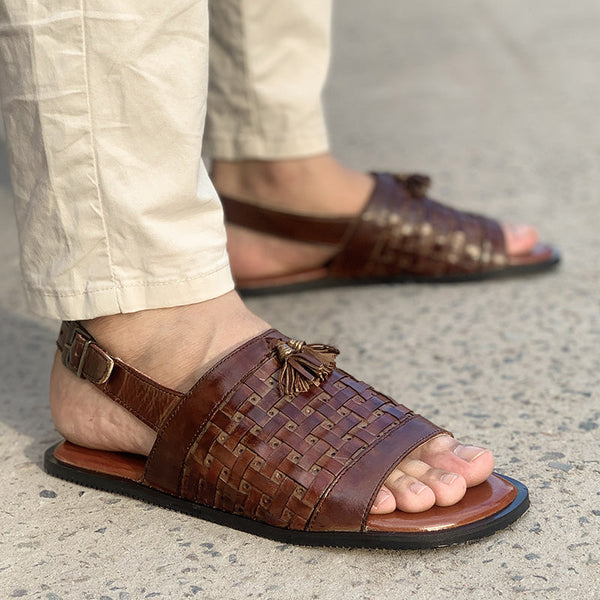 Hand Stitch Brown Leather Woven Tussle Sandal New Arrivals