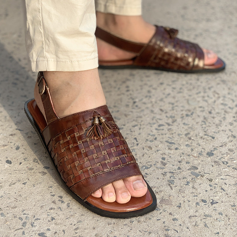 Hand Stitch Brown Leather Woven Tussle Sandal New Arrivals